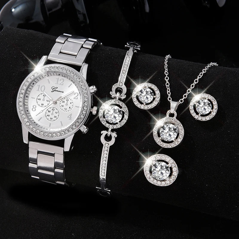 Conjunto de joias 5 em 1 – Relógio com Brincos, Colar, Anel e Pulseira Elegante