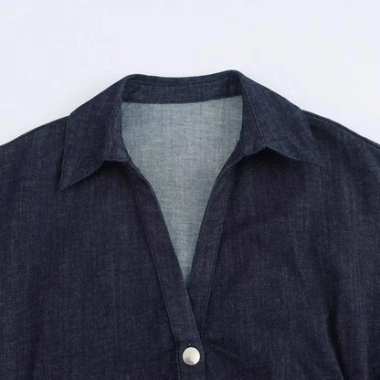 Vestido Midi Feminino em Denim – Elegância Casual Primavera/Verão 2025 com Mangas Curtas Franzidas