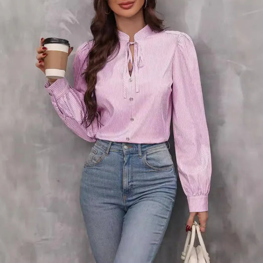 Blusa Feminina Outono – Camisa Listrada com Botões e Manga Comprida