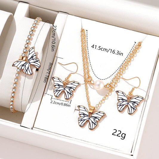 Conjunto Feminino 5 Peças – Relógio Branco com Mostrador de Borboleta e Pulseira em Couro