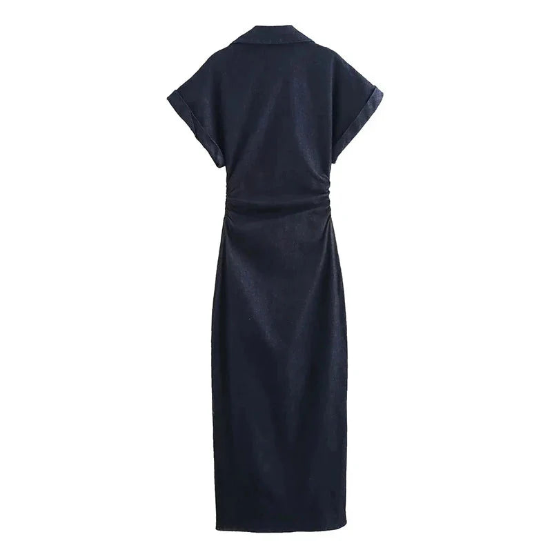 Vestido Midi Feminino em Denim – Elegância Casual Primavera/Verão 2025 com Mangas Curtas Franzidas