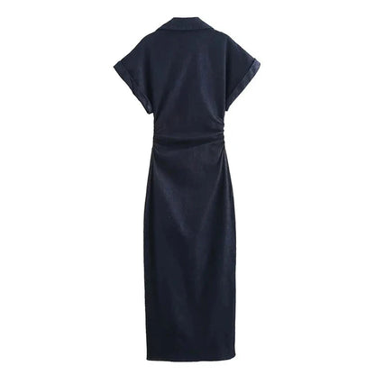 Vestido Midi Feminino em Denim – Elegância Casual Primavera/Verão 2025 com Mangas Curtas Franzidas