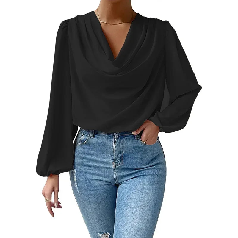 Blusa Elegante em Chiffon com Decote em V – Solta e Fluída Primavera/Verão