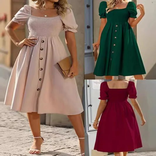 Vestido Midi Verde com Botões – Elegância Casual | Modelo com Mangas Curtas e Corte Alongado