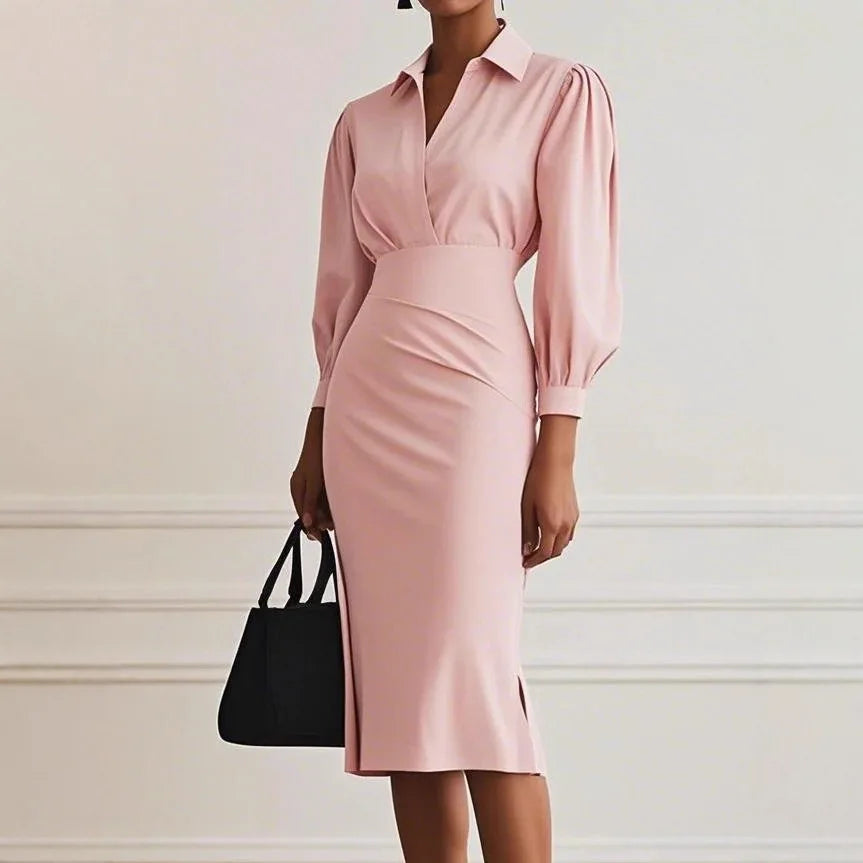 Vestido Midi Feminino de Inverno 2025 – Elegância Plissada com Decote em V e Mangas Compridas