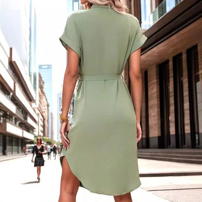 Vestido Midi Verde – Estilo Camisa com Ajuste em Laço | Elegância Casual