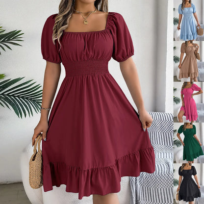 Vestido Midi – Verão Casual com Decote Quadrado, Mangas Curtas e Cintura com Folhos