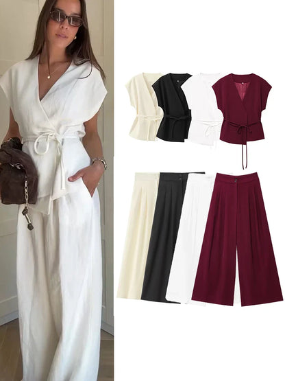 Conjunto Feminino de Calças e Top sem Mangas – Decote em V, Cinto Elegante e Corte Reto