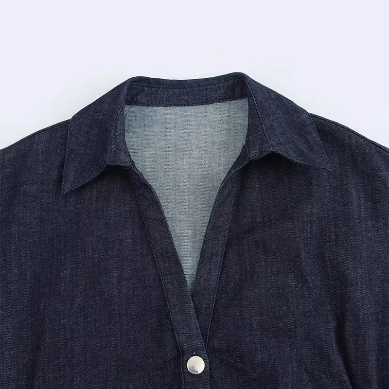 Vestido Midi Feminino em Denim – Elegância Casual Primavera/Verão 2025 com Mangas Curtas Franzidas