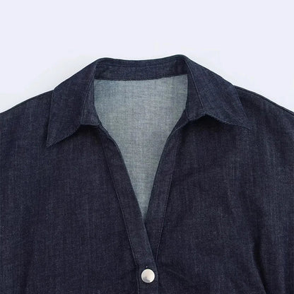 Vestido Midi Feminino em Denim – Elegância Casual Primavera/Verão 2025 com Mangas Curtas Franzidas