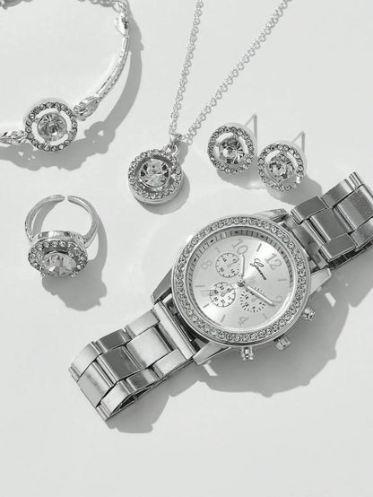 Conjunto de joias 5 em 1 – Relógio com Brincos, Colar, Anel e Pulseira Elegante