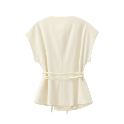 Conjunto Feminino de Calças e Top sem Mangas – Decote em V, Cinto Elegante e Corte Reto