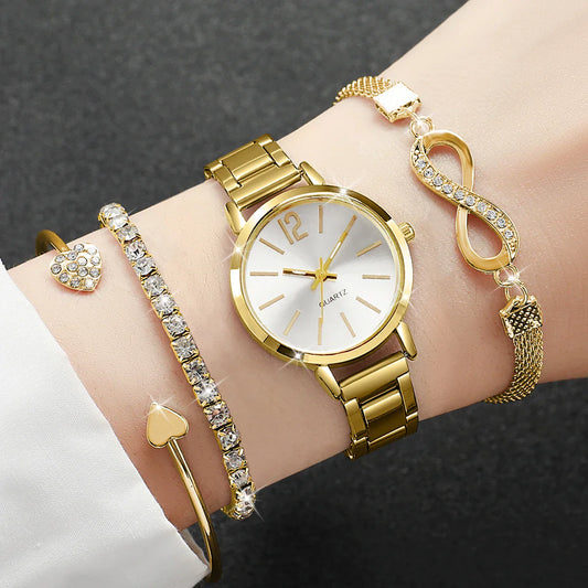 Conjunto Feminino 4 Peças – Relógio Quartz Elegante e Casual com Bracelete