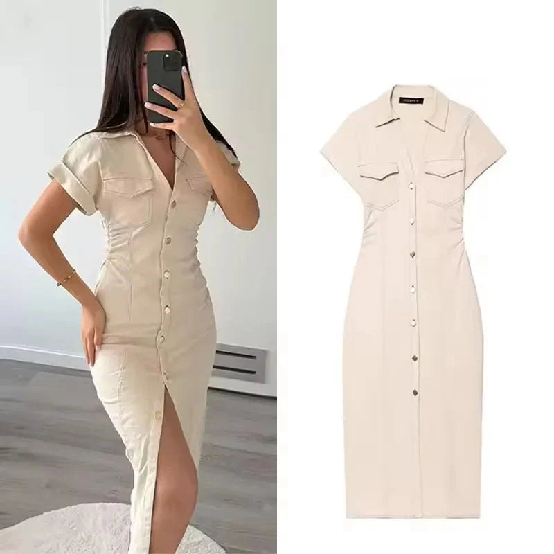 Vestido Midi Feminino em Denim – Elegância Casual Primavera/Verão 2025 com Mangas Curtas Franzidas