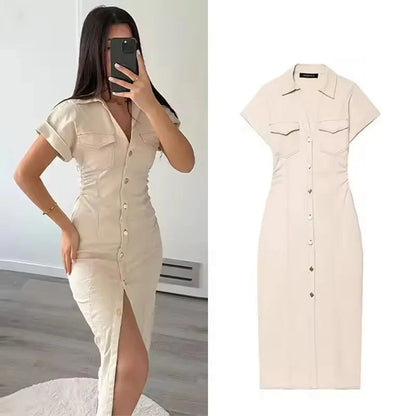 Vestido Midi Feminino em Denim – Elegância Casual Primavera/Verão 2025 com Mangas Curtas Franzidas