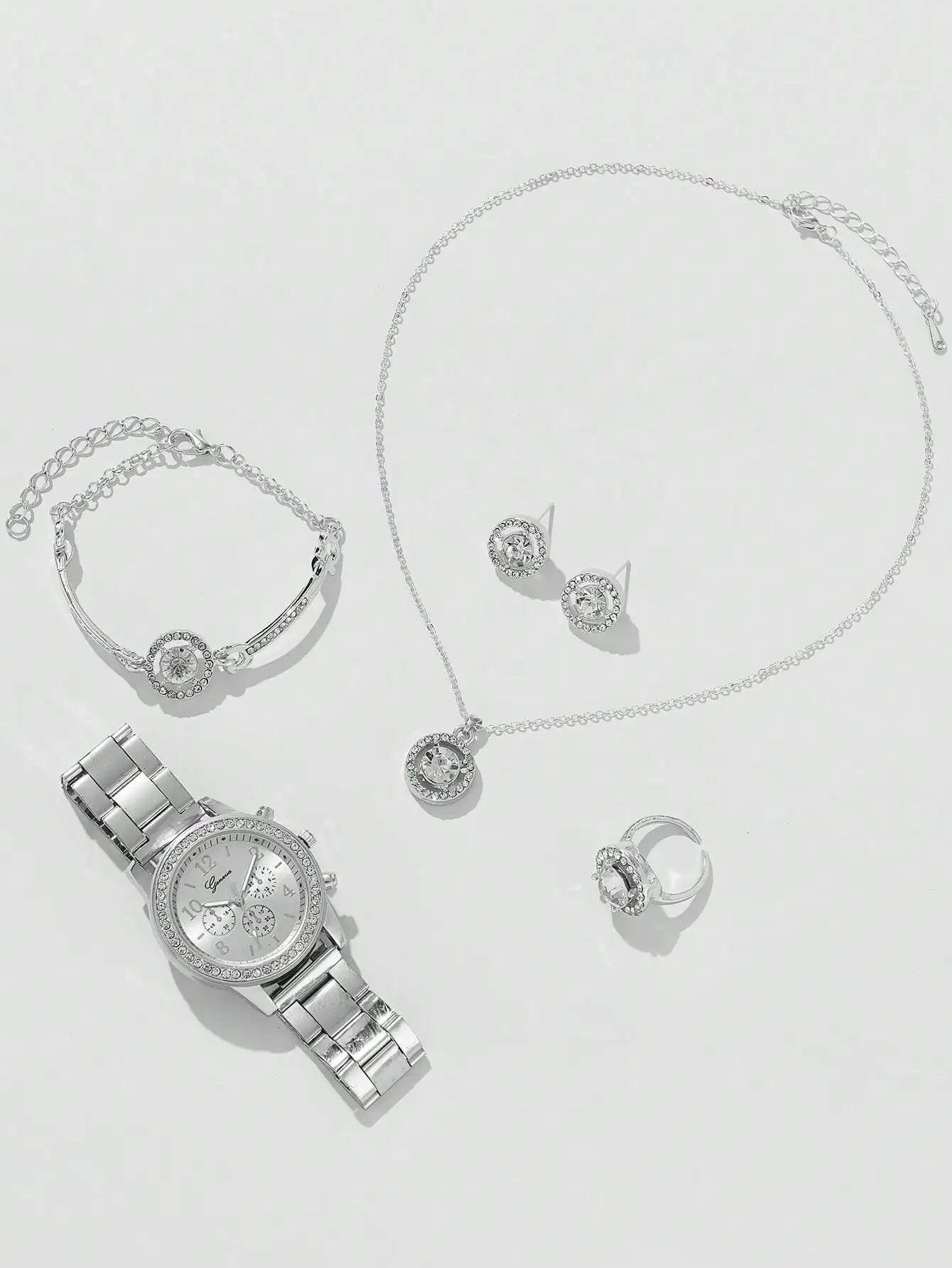 Conjunto de joias 5 em 1 – Relógio com Brincos, Colar, Anel e Pulseira Elegante