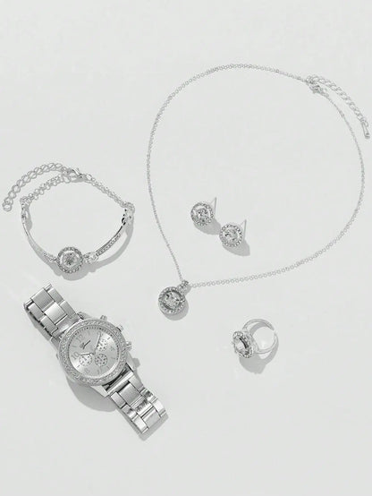 Conjunto de joias 5 em 1 – Relógio com Brincos, Colar, Anel e Pulseira Elegante