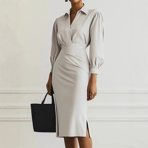 Vestido Midi Feminino de Inverno 2025 – Elegância Plissada com Decote em V e Mangas Compridas