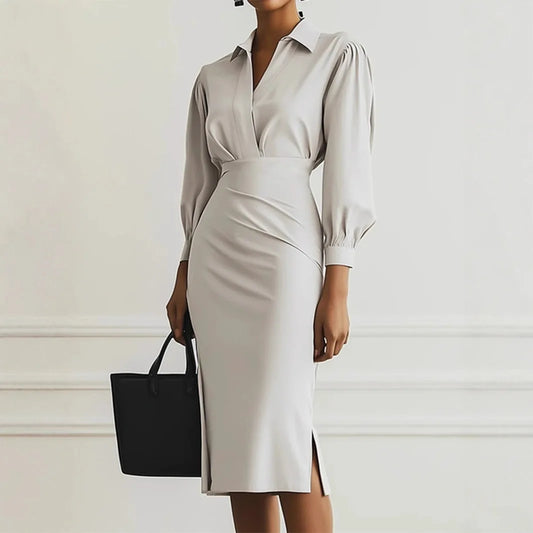 Vestido Midi Feminino de Inverno 2025 – Elegância Plissada com Decote em V e Mangas Compridas