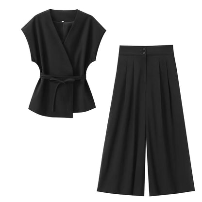 Conjunto Feminino de Calças e Top sem Mangas – Decote em V, Cinto Elegante e Corte Reto