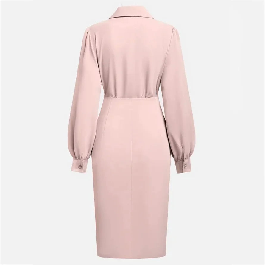 Vestido Midi Feminino de Inverno 2025 – Elegância Plissada com Decote em V e Mangas Compridas