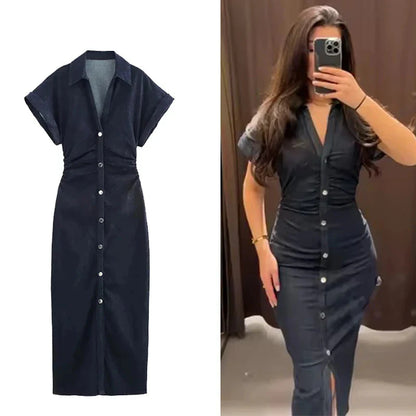 Vestido Midi Feminino em Denim – Elegância Casual Primavera/Verão 2025 com Mangas Curtas Franzidas