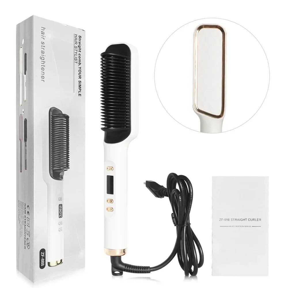 Escova Alisadora Elétrica com Íons Negativos – Pente Alisador Multifuncional com Proteção Anti-Queimaduras