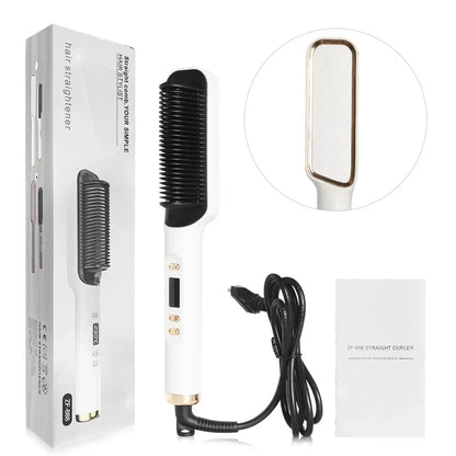 Escova Alisadora Elétrica com Íons Negativos – Pente Alisador Multifuncional com Proteção Anti-Queimaduras