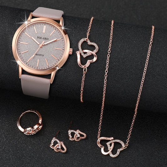 Conjunto Feminino 6 Peças – Relógio com Pulseira em couro e Conjunto de Joias Rosé com Coração