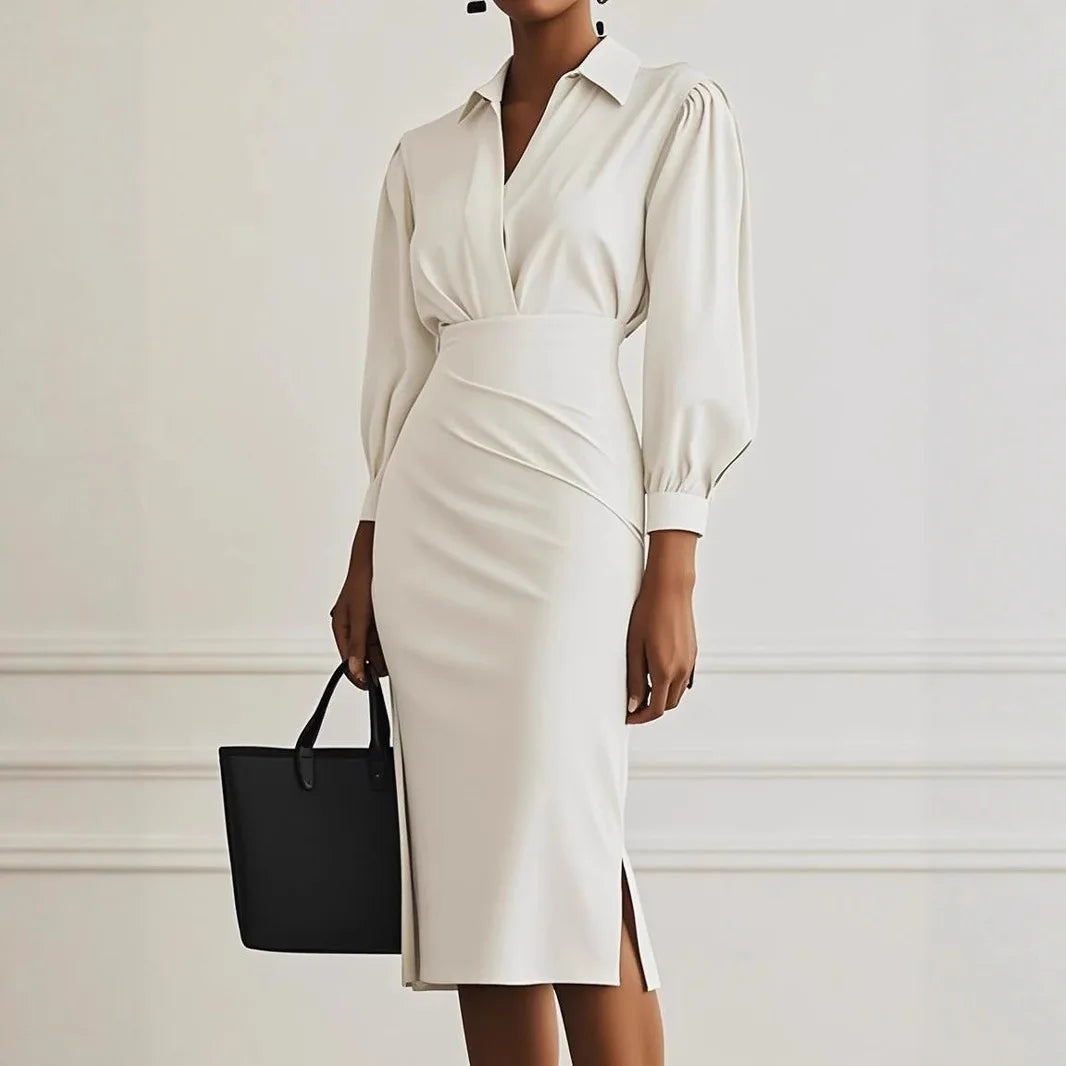 Vestido Midi Feminino de Inverno 2025 – Elegância Plissada com Decote em V e Mangas Compridas