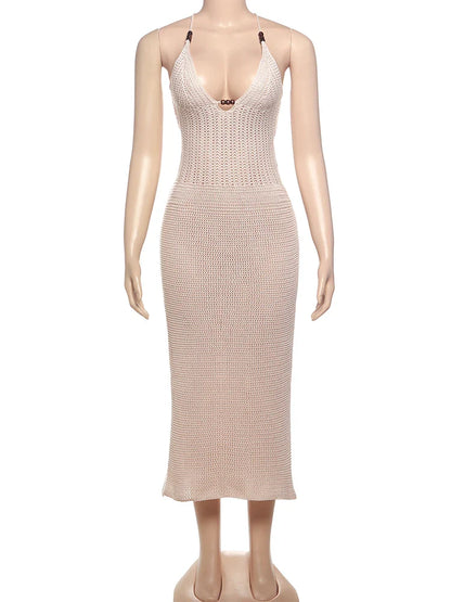 Vestido Maxi  Elegante em Crochê Patchwork – Decote Baixo, Tiras Cruzadas