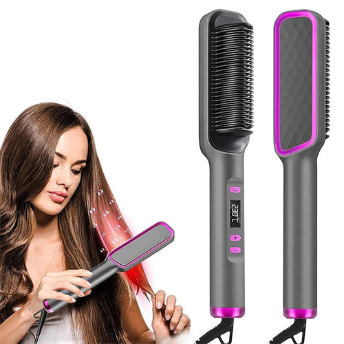 Escova Alisadora Elétrica com Íons Negativos – Pente Alisador Multifuncional com Proteção Anti-Queimaduras