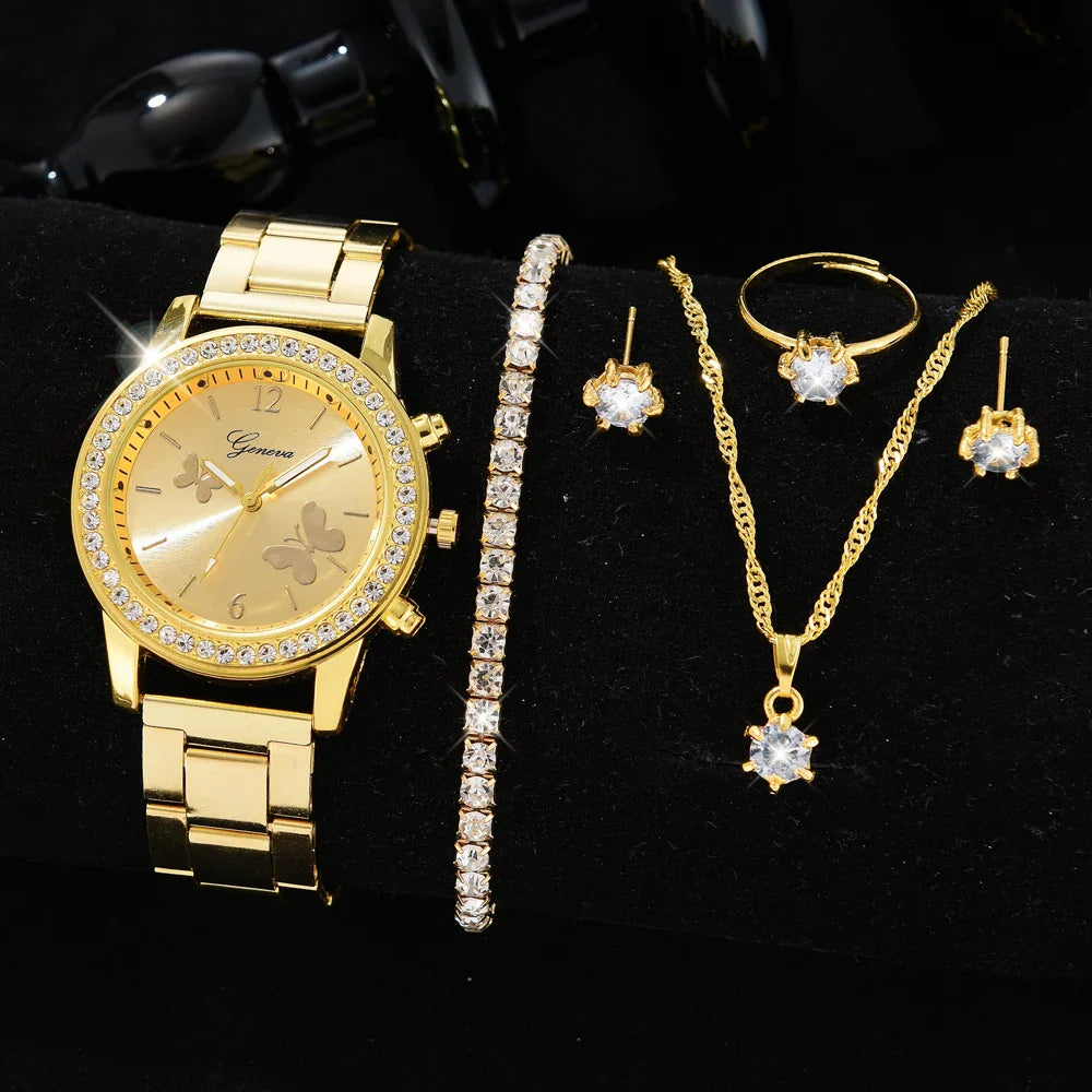 Conjunto de joias 5 em 1 – Relógio com Brincos, Colar, Anel e Pulseira Elegante