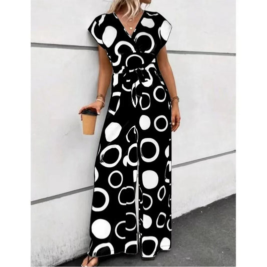 Macacão Feminino Elegante de Verão com Estampa – Manga Curta, Cintura Alta e Pernas Largas