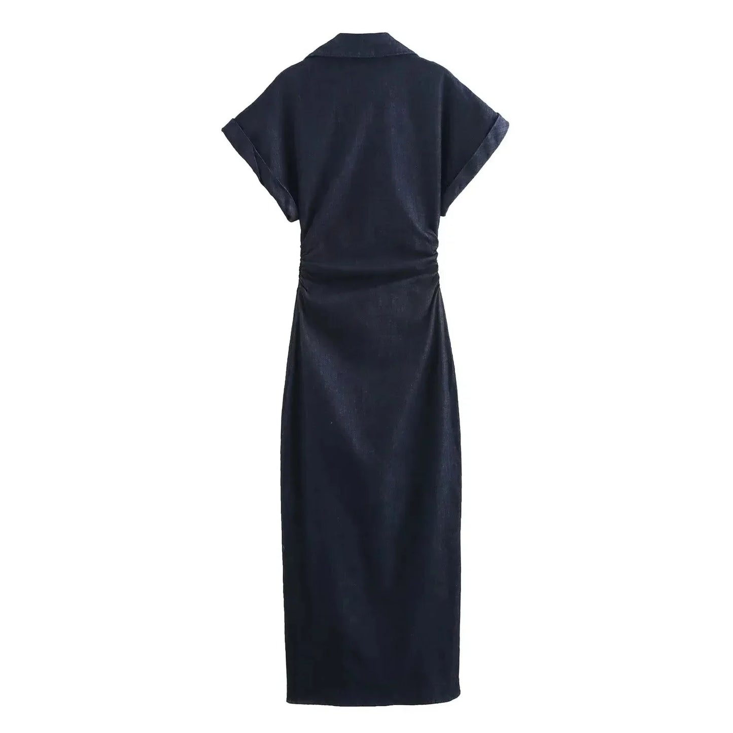 Vestido Midi Feminino em Denim – Elegância Casual Primavera/Verão 2025 com Mangas Curtas Franzidas