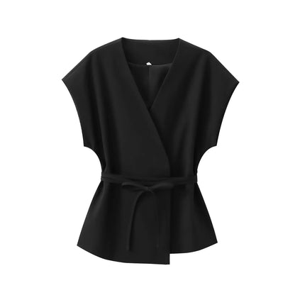 Conjunto Feminino de Calças e Top sem Mangas – Decote em V, Cinto Elegante e Corte Reto