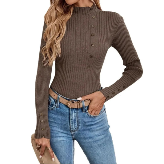 Blusa Elegante de Malha com Botões e Manga Comprida – Camada Confortável