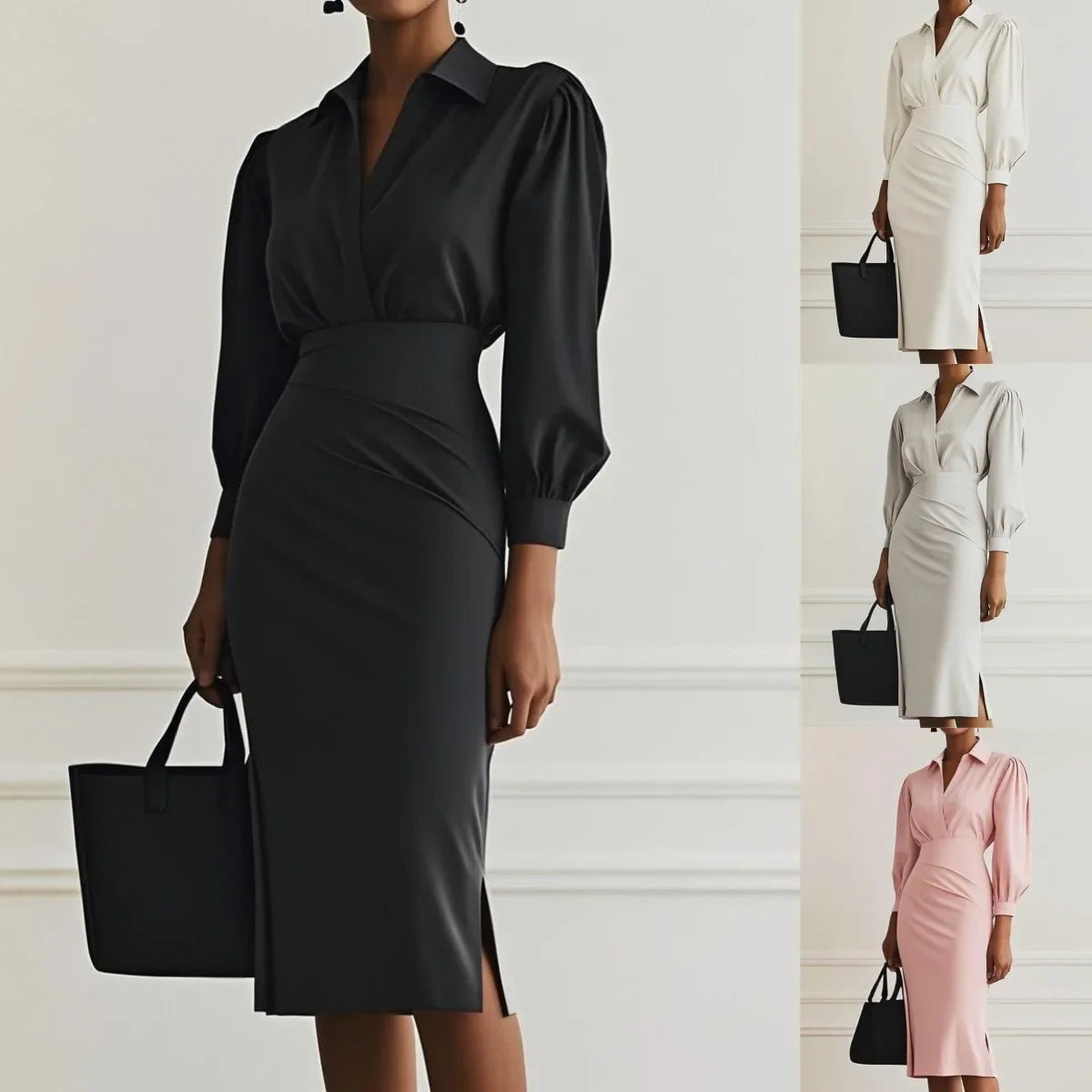 Vestido Midi Feminino de Inverno 2025 – Elegância Plissada com Decote em V e Mangas Compridas