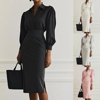 Vestido Midi Feminino de Inverno 2025 – Elegância Plissada com Decote em V e Mangas Compridas