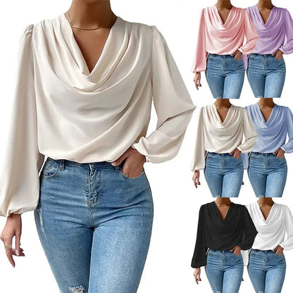 Blusa Elegante em Chiffon com Decote em V – Solta e Fluída Primavera/Verão
