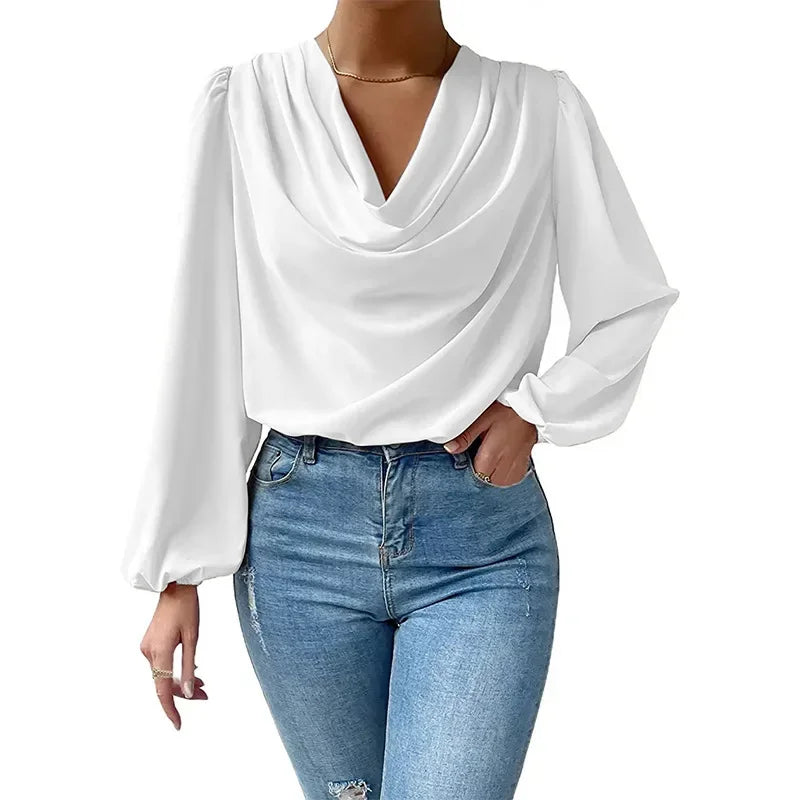 Blusa Elegante em Chiffon com Decote em V – Solta e Fluída Primavera/Verão
